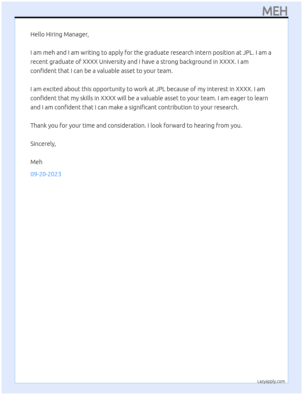 graduate research intern At JPL Cover Letter