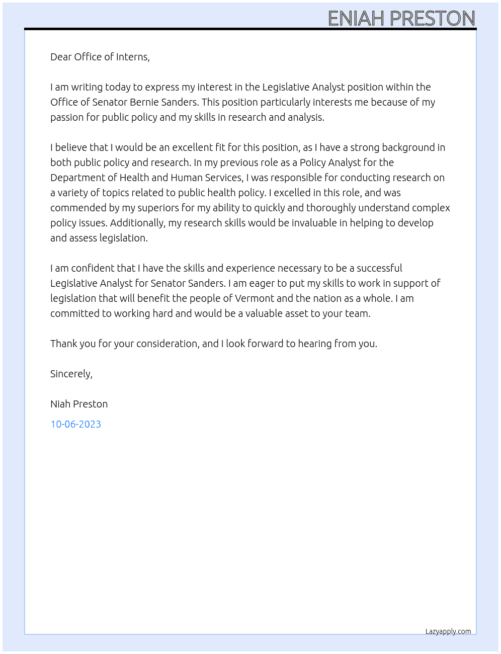Legislative Analyst At Office of Senator Bernie Sanders Cover Letter