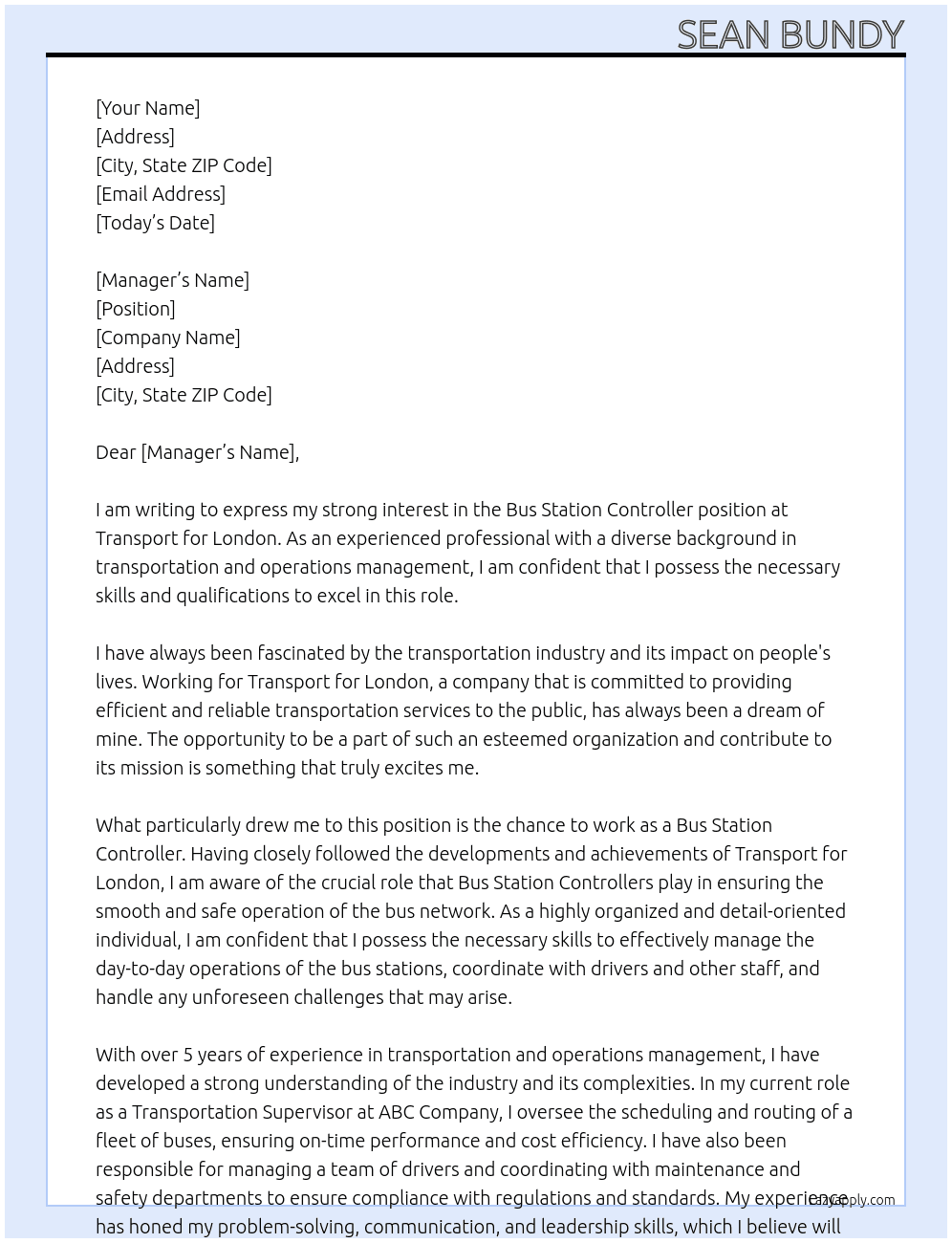 Bus Station Controller At Transport for London Cover Letter