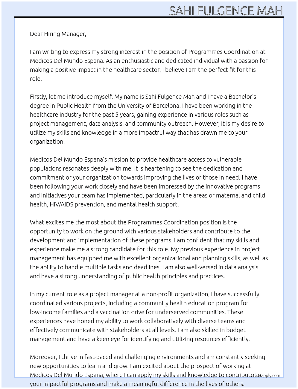 Programmes Coordination At Medicos Del Mundo Espana Cover Letter