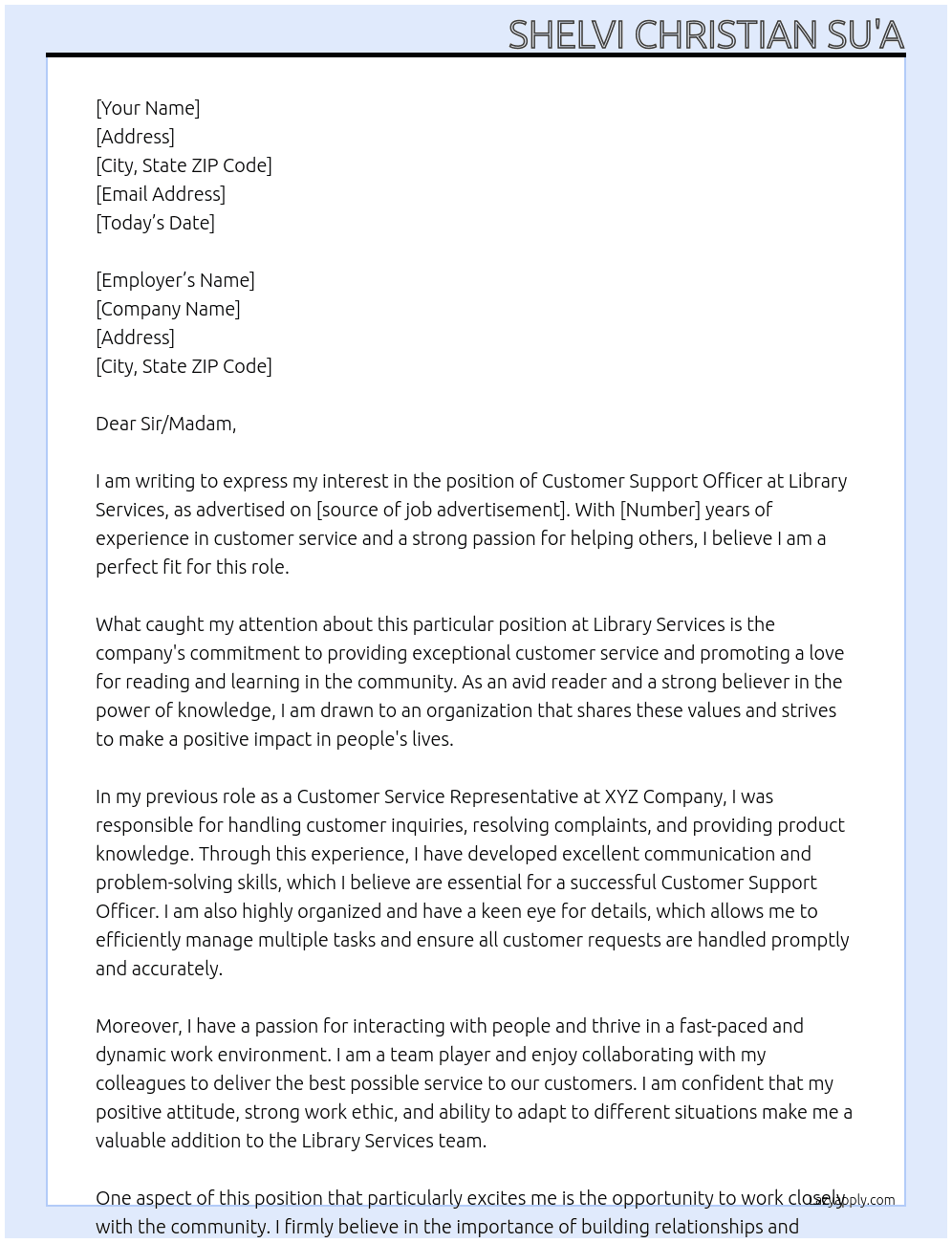 Customer Support officer At Library Services Cover Letter