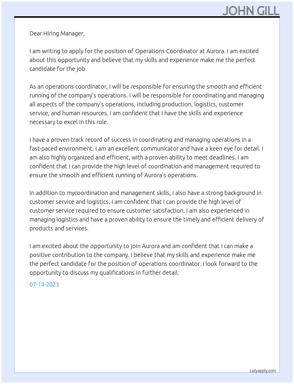 Operations coordinator At Aurora Cover Letter