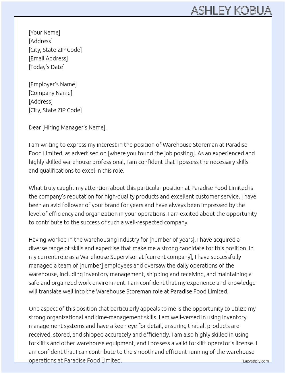 Warehouse storeman At Paradise Food Limited  Cover Letter