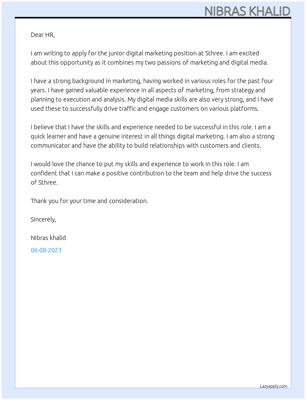 junior digital marketing At Sthree Cover Letter