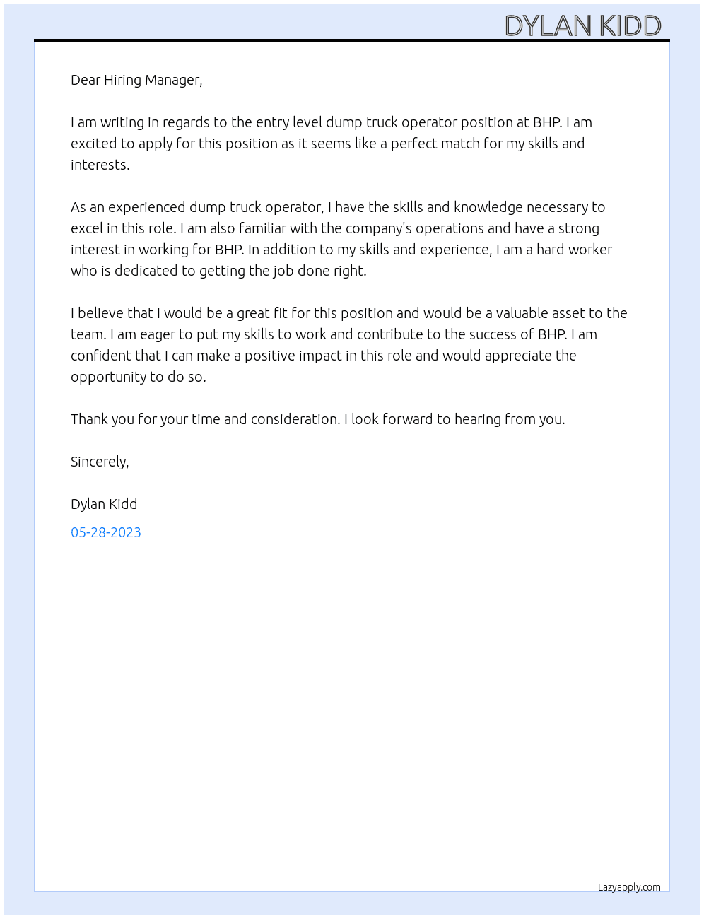Entry level dump truck operator  At BHP  Cover Letter
