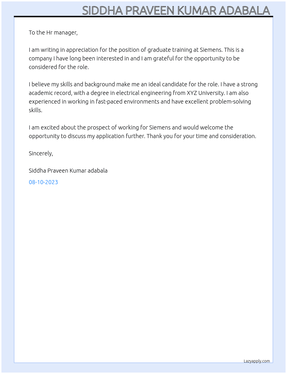 Graduate training  At Siemens  Cover Letter