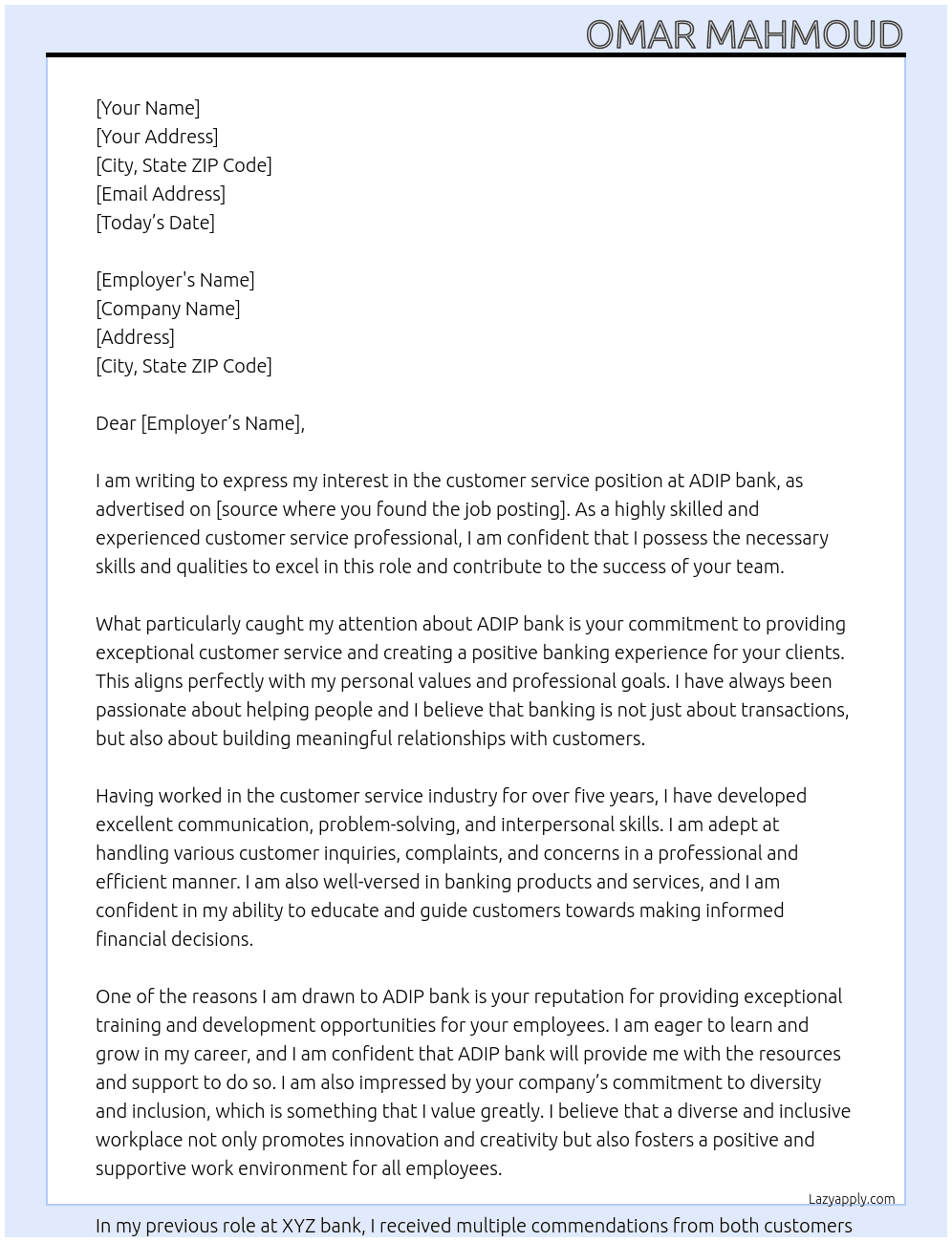 customer service At ADIP bank Cover Letter