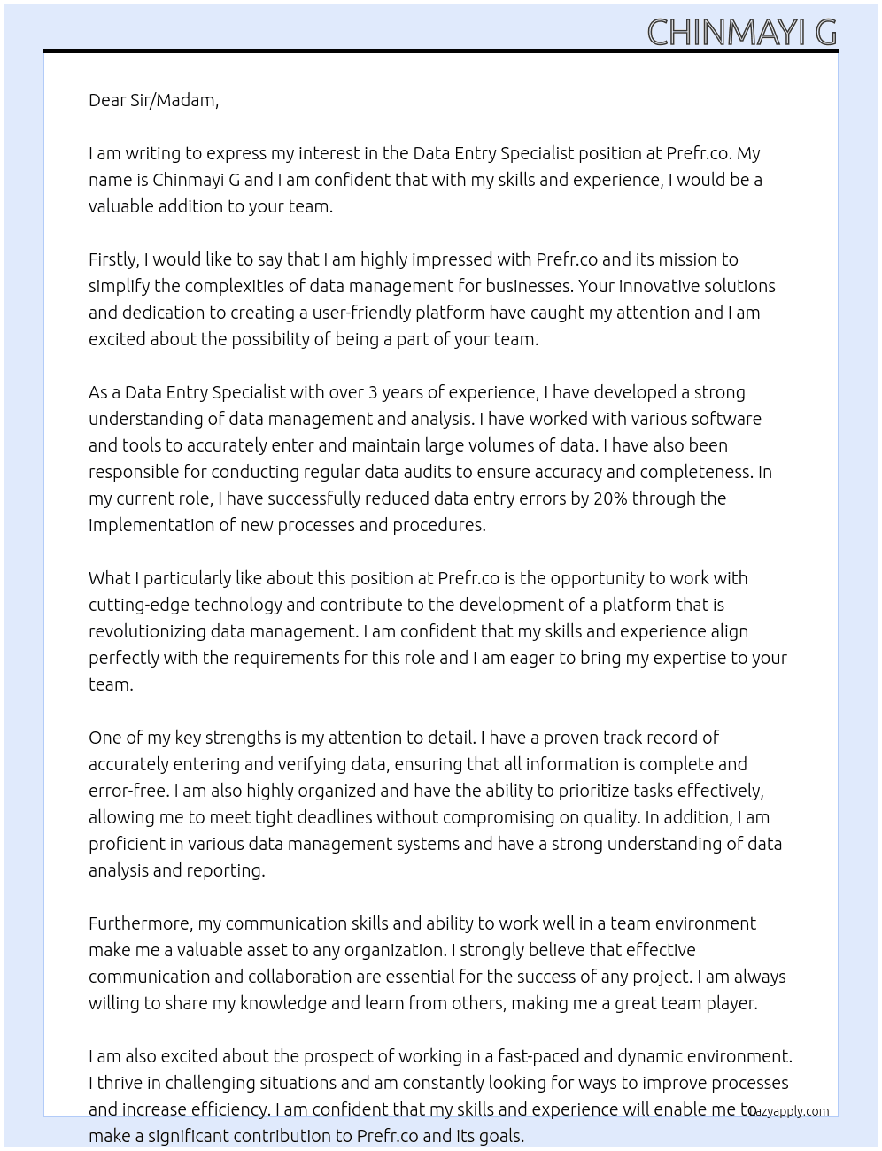 Data Entry Specialist At Prefr.co Cover Letter