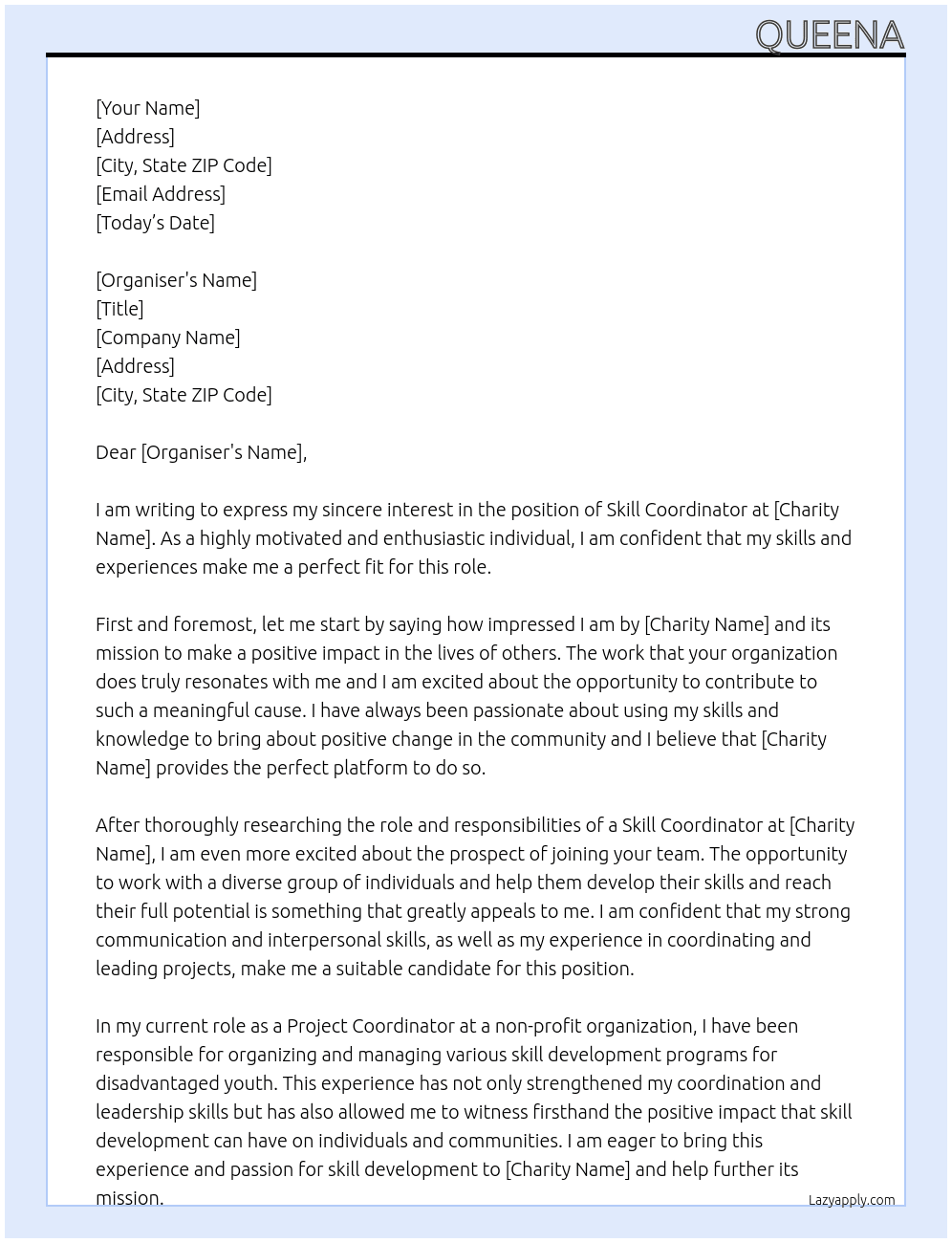 skill coordinator At charity Cover Letter
