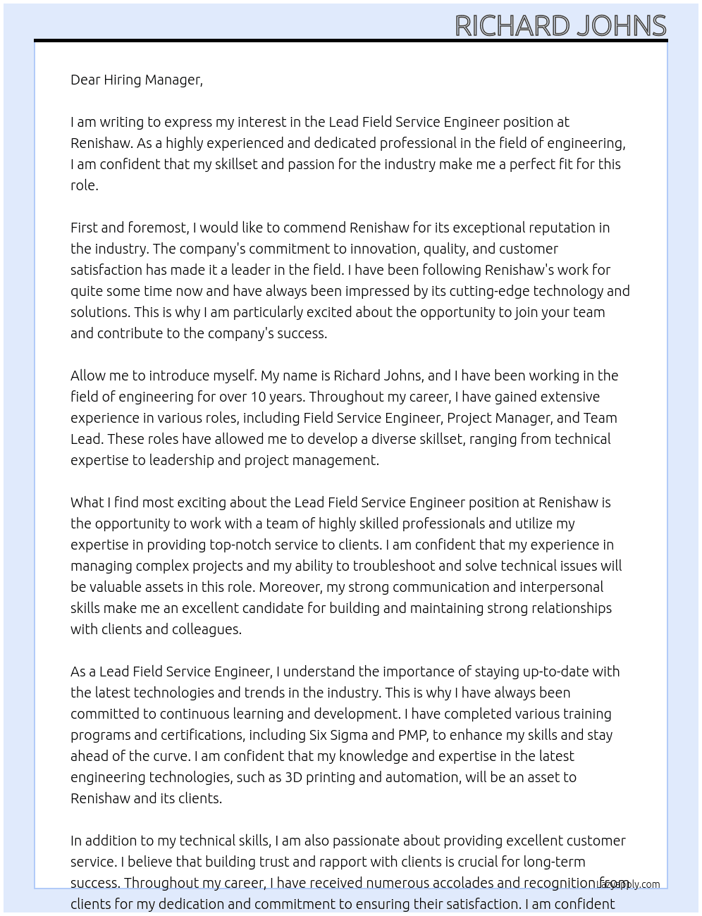 Lead Field Service Engineer At Renishaw Cover Letter
