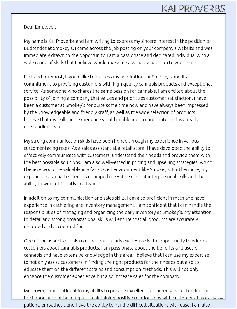Budtender At Smokey's Cover Letter
