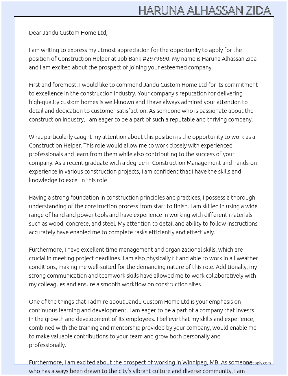 Contraction helper  At Job Bank #2979690 Cover Letter