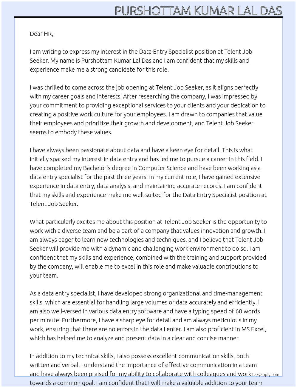 Data entry specialist  At Telent job seeker Cover Letter