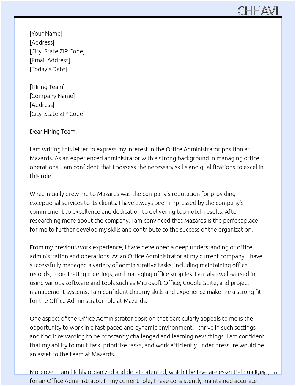 Office Administrator At Mazards Cover Letter