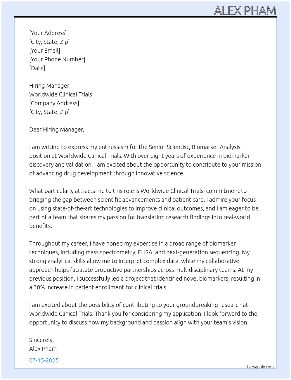 Senior Scientist, Biomarker Analysis At Worldwide Clinical Trials Cover Letter