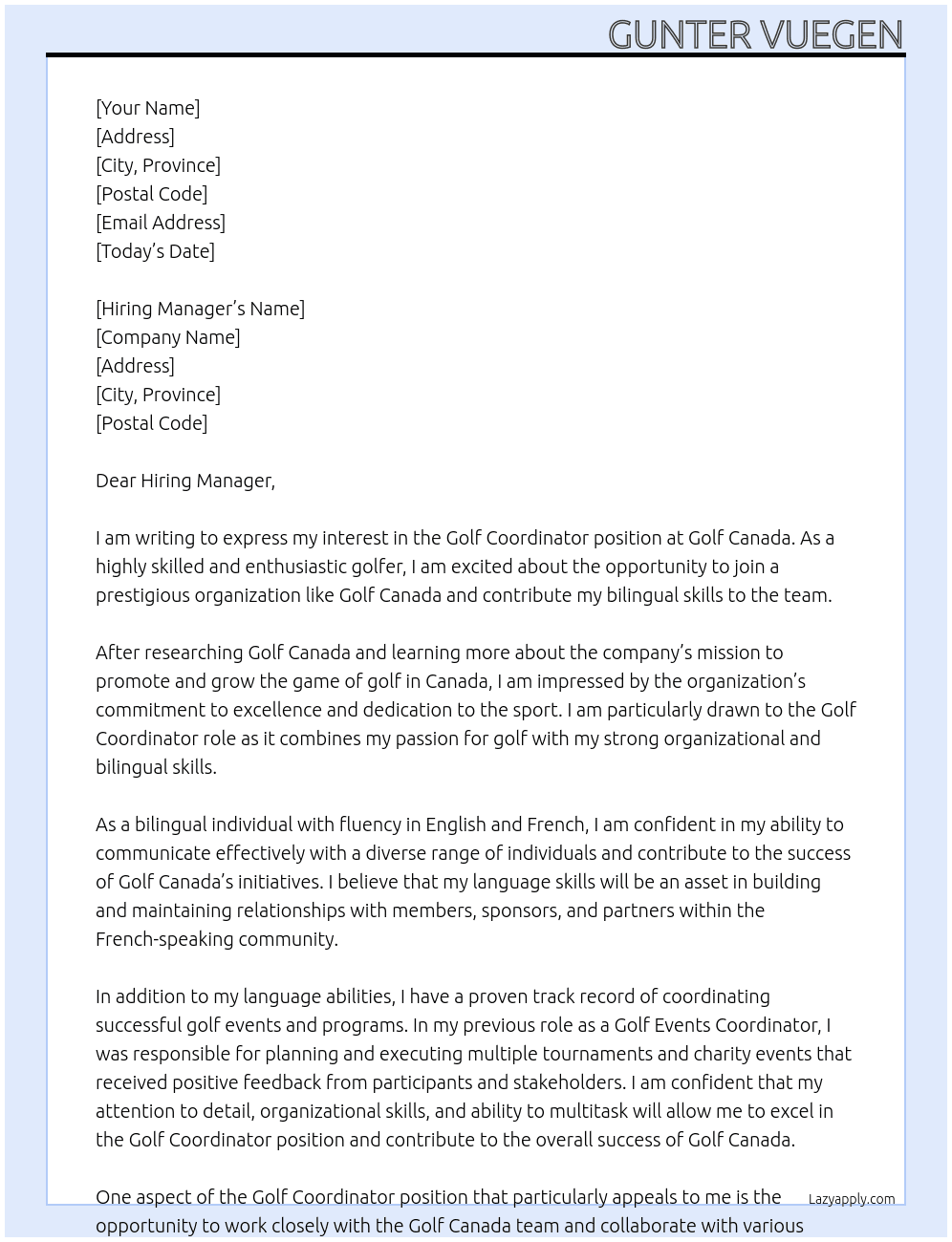 Golf coordinator At Golf Canada Cover Letter