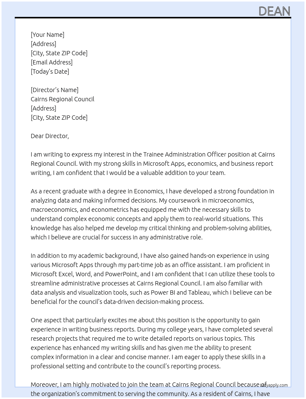 Trainee Administration Officer At Cairns Regional Council Cover Letter