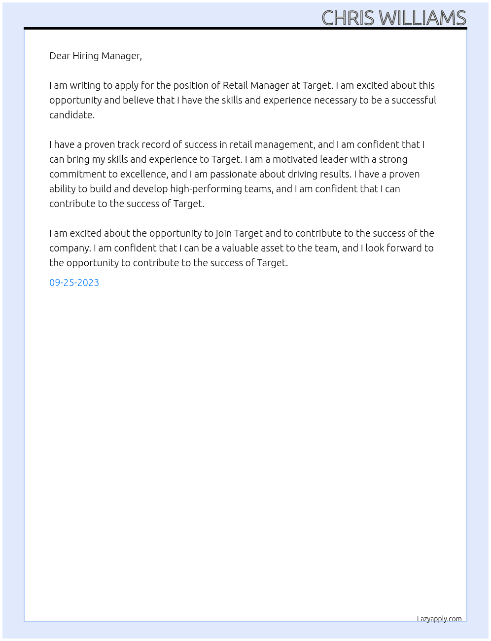 Retail manager  At Target  Cover Letter