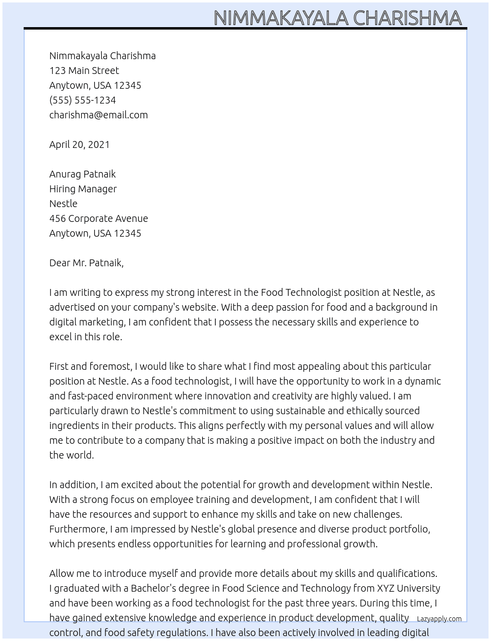 Food Technologist At Nestle Cover Letter