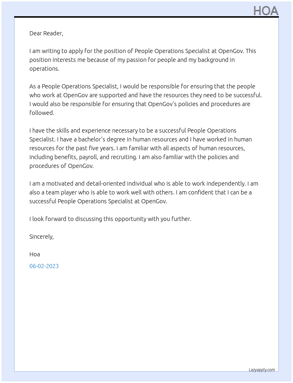 People Operations Specialist At OpenGov Cover Letter