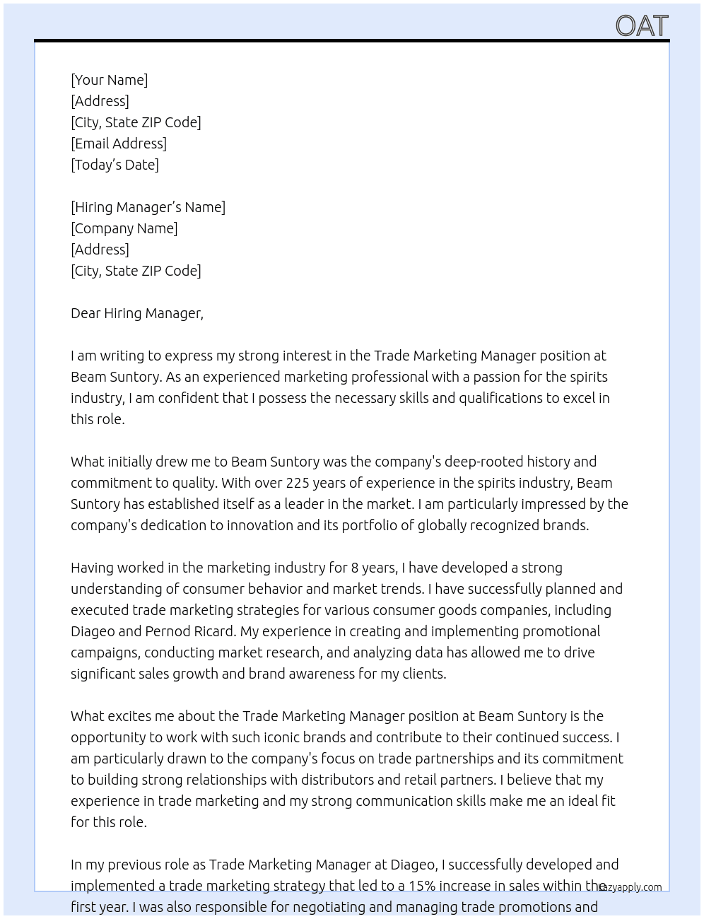 Trade Marketing Manager At Beam Suntory Cover Letter