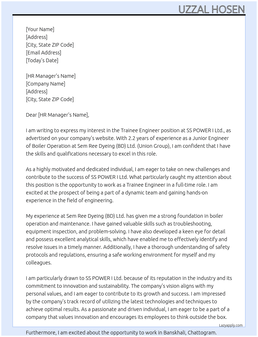 Trainee engineer  At SS POWER I Ltd. Cover Letter