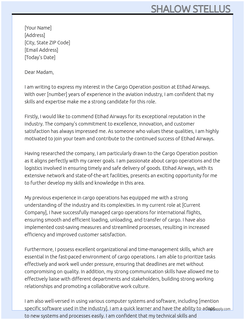 Cargo Operation  At Etihad Airways  Cover Letter