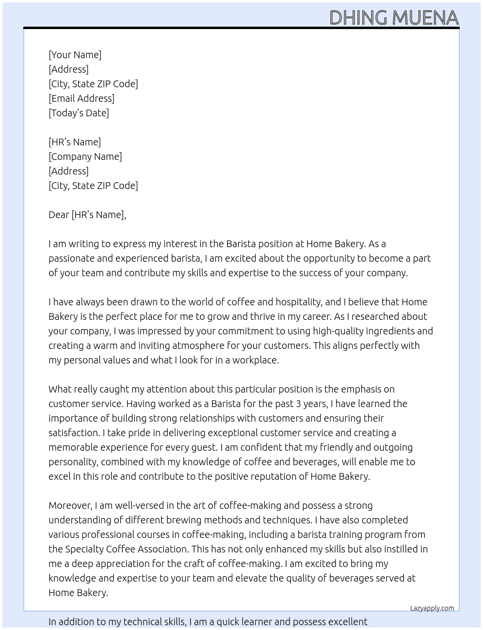 Barista At Home bakery Cover Letter