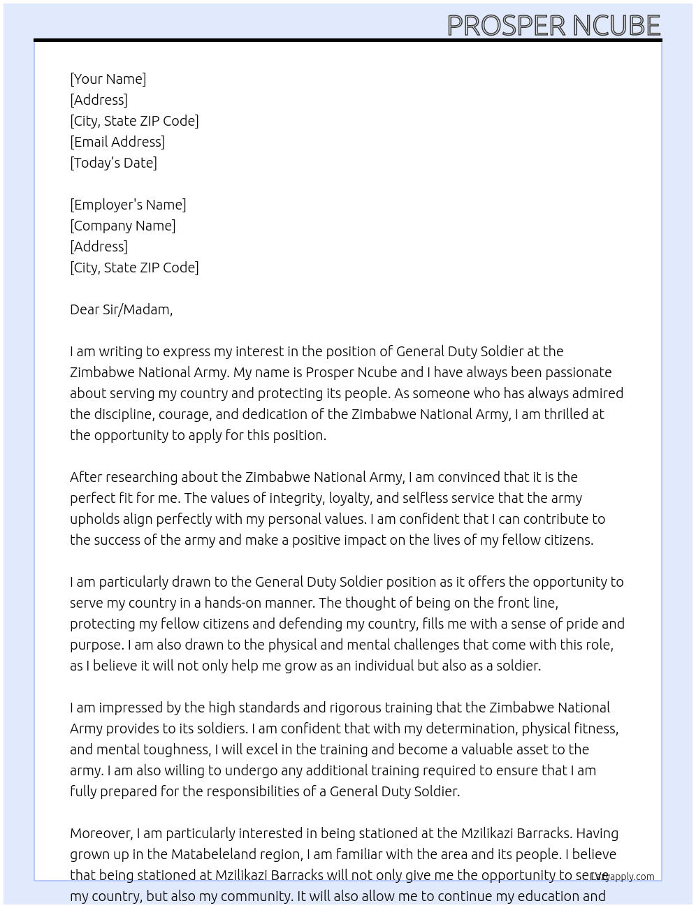 general duty soldier At zimbabwe  national army Cover Letter