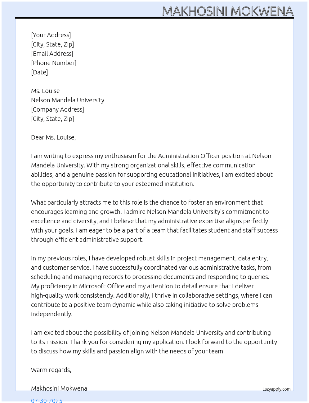 Admnistration officer At Nelson Mandela university Cover Letter