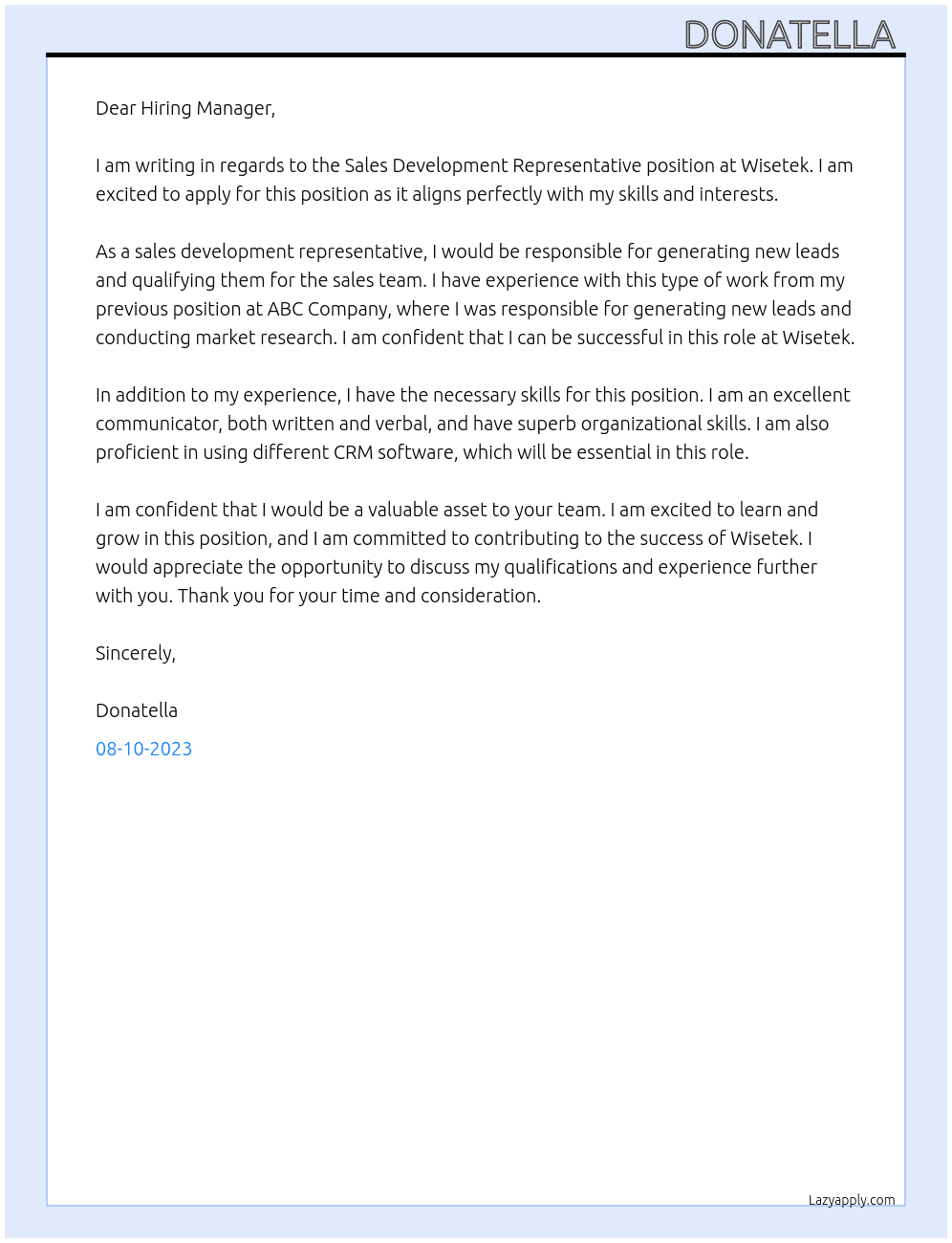 Sales Development Representative At Wisetek  Cover Letter