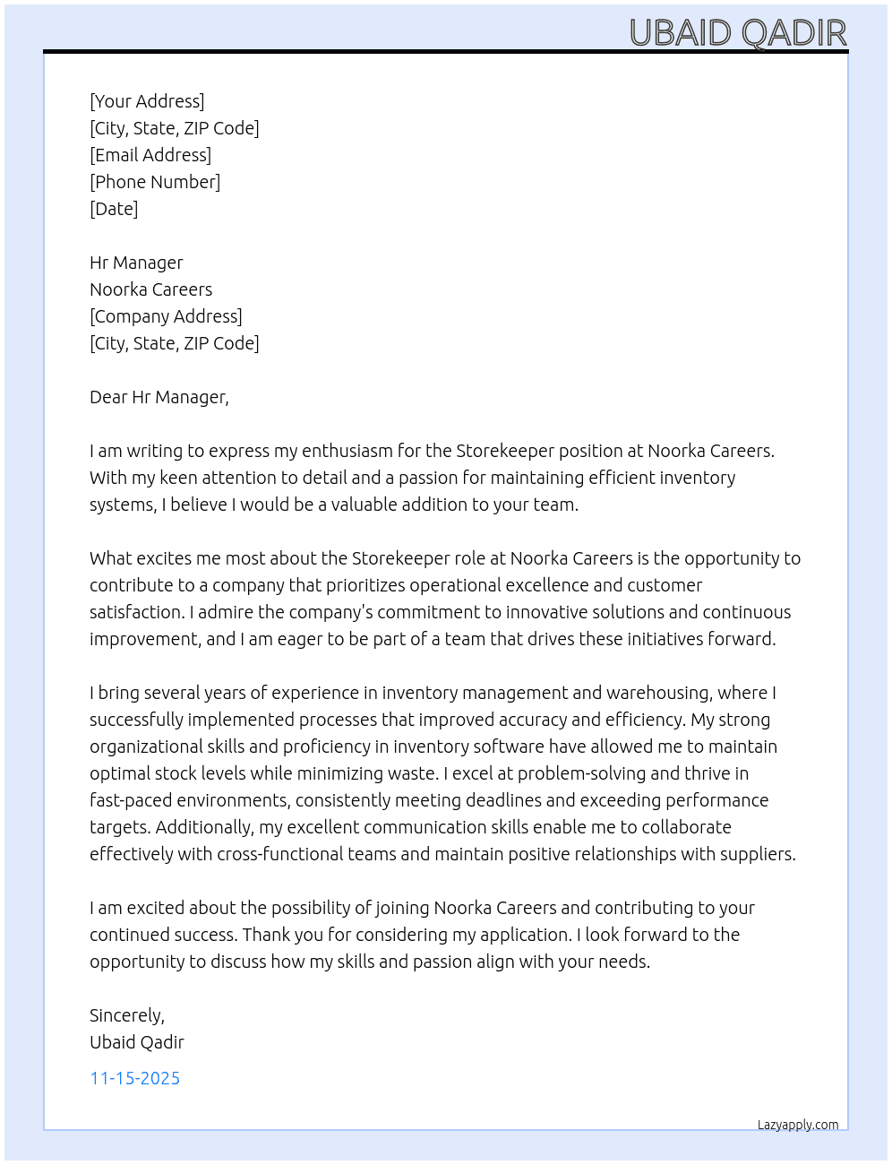 Storekeeper  At Noorka careers Cover Letter