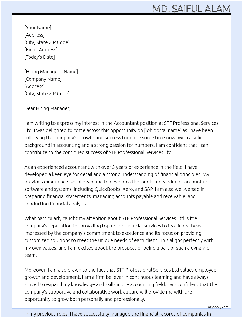 Accountant At STF Professional Services Ltd, Cover Letter