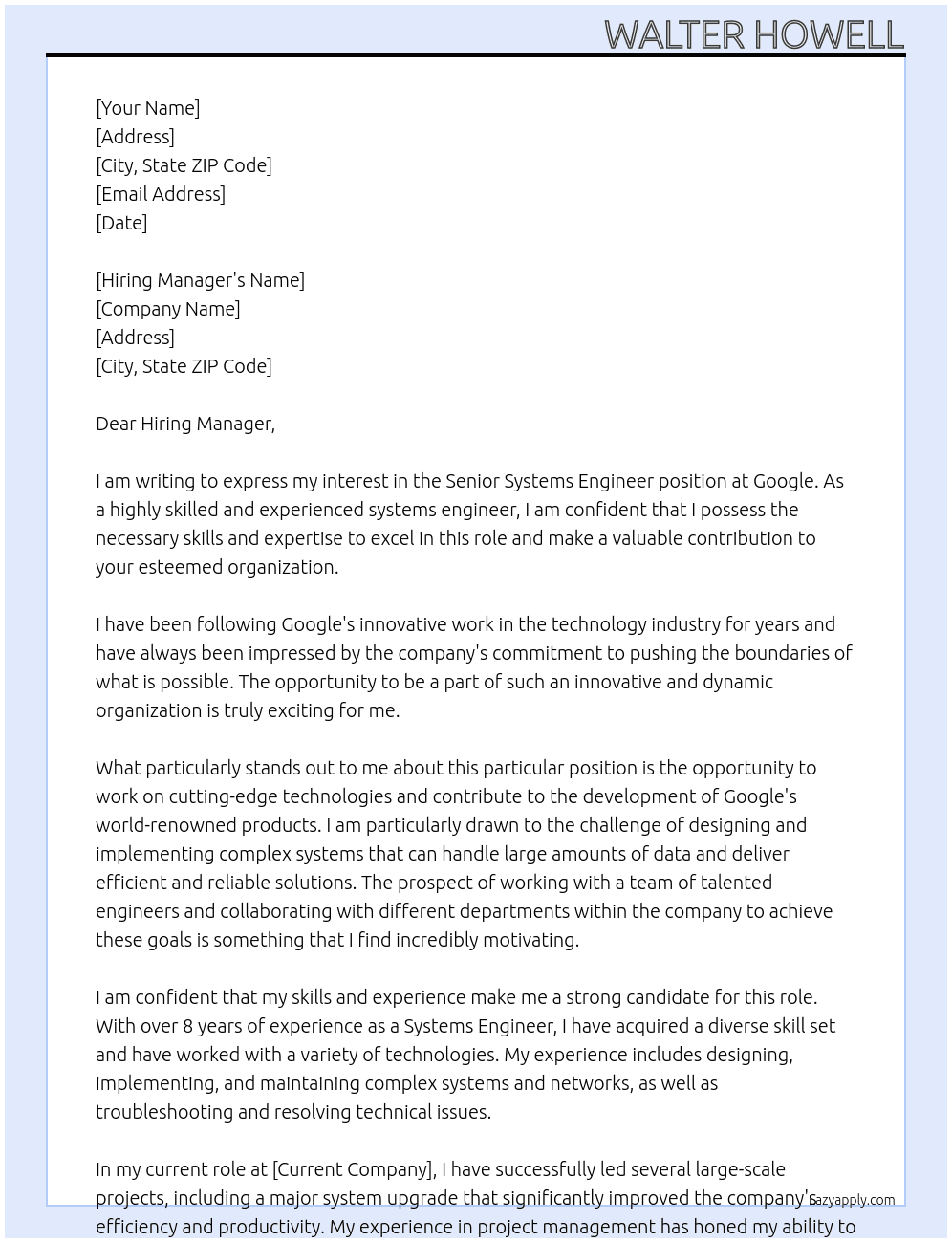 Senior Systems Engineer At Google Cover Letter