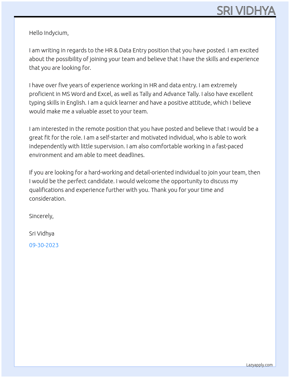 HR & Data Entry  At Indycium Cover Letter