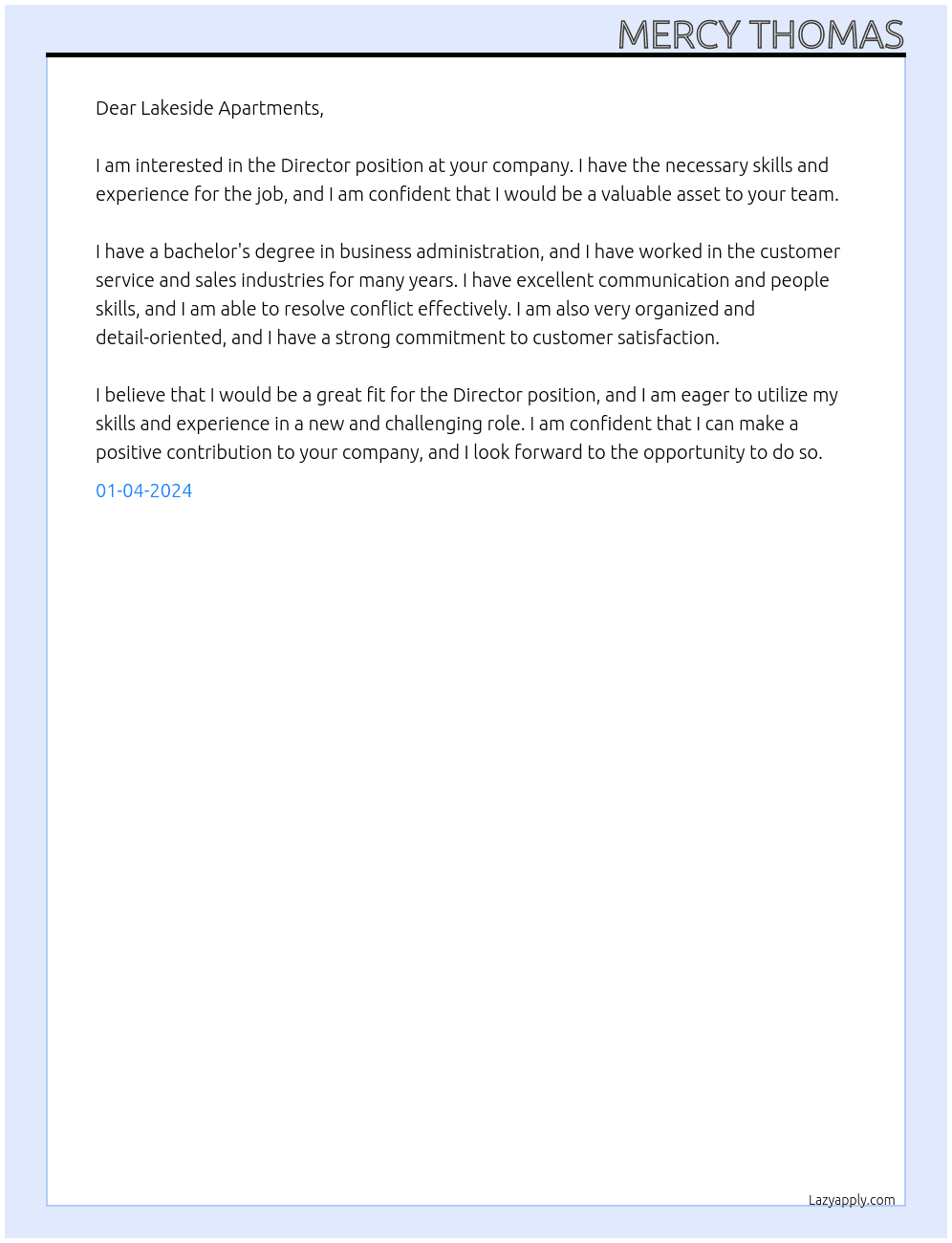 Director At Lakeside Apartments, A2-14, Cover Letter