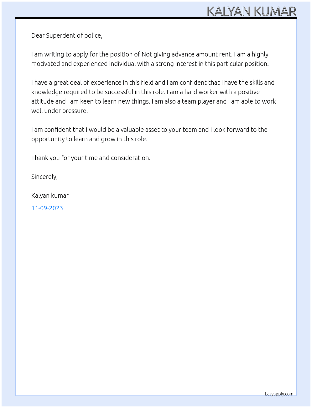 Not giving advance amount rent At Police station  Cover Letter