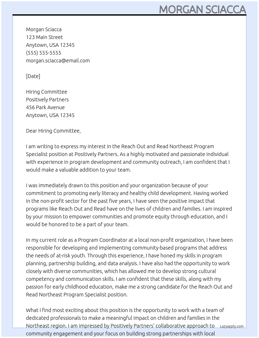 Reach Out and Read Northeast Program Specialist At Positively Partners Cover Letter