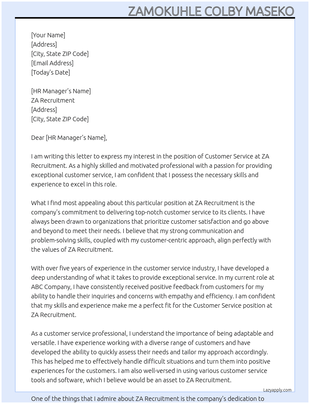 Customer Service At ZA Recruitment Cover Letter