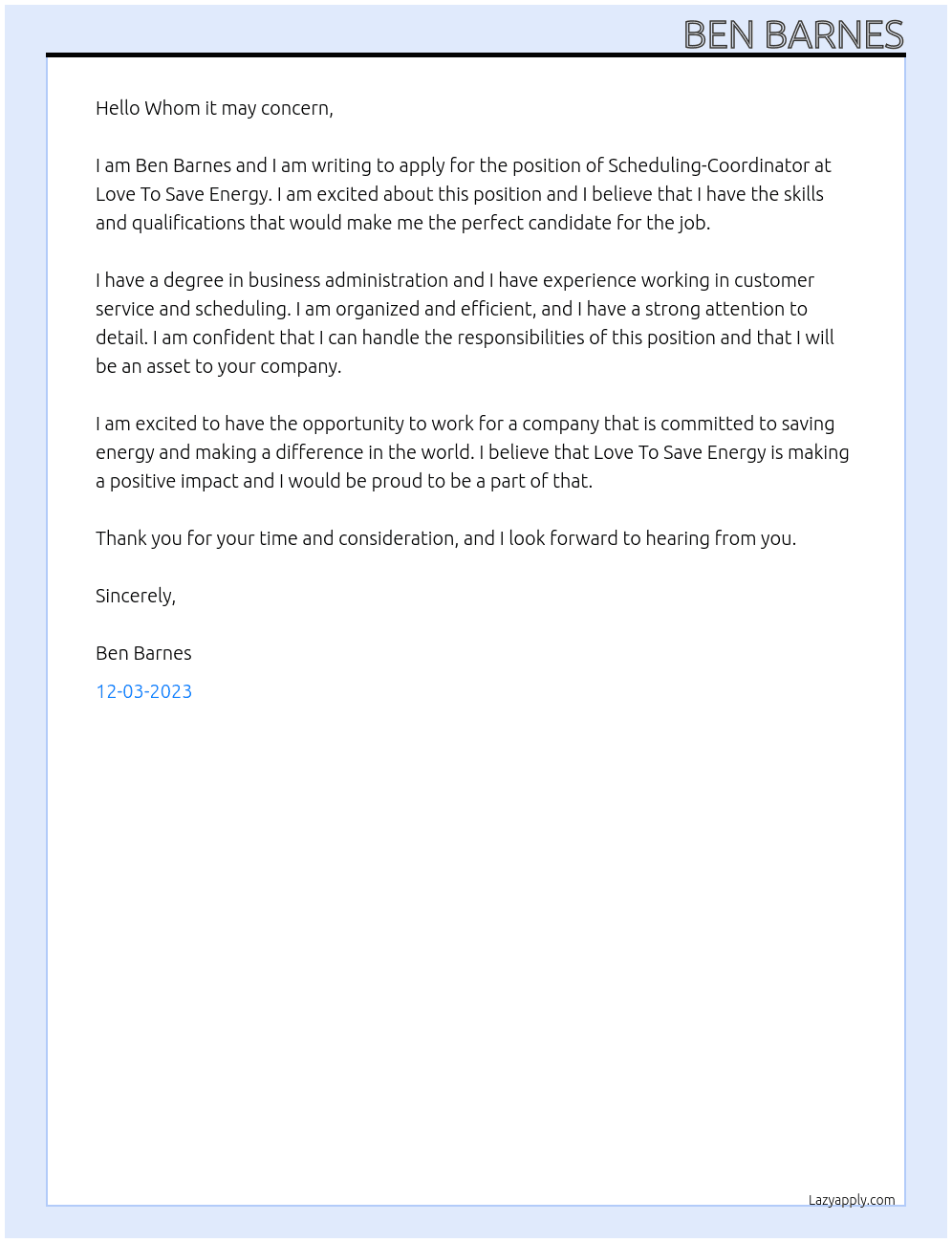 Scheduling-Coordinator At Love To Save Energy Cover Letter