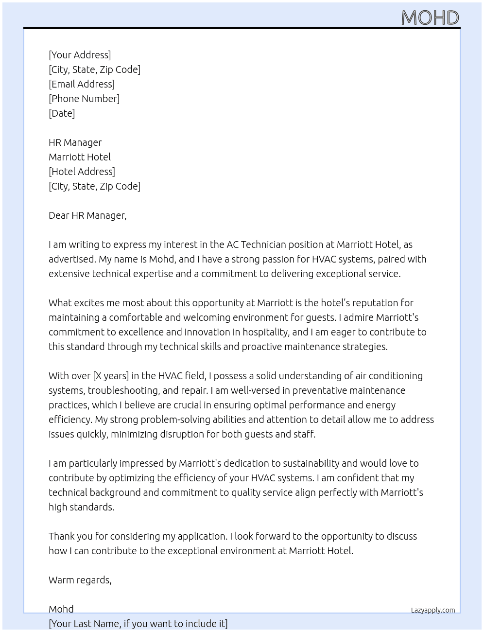 Ac Technician At Marriott Hotel Cover Letter