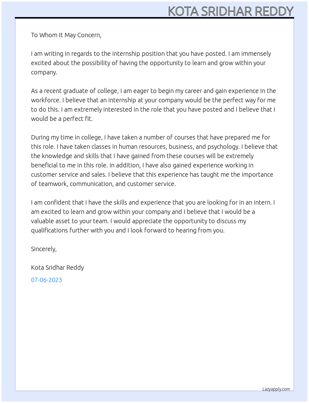 Cover letter for intenship - LazyApply