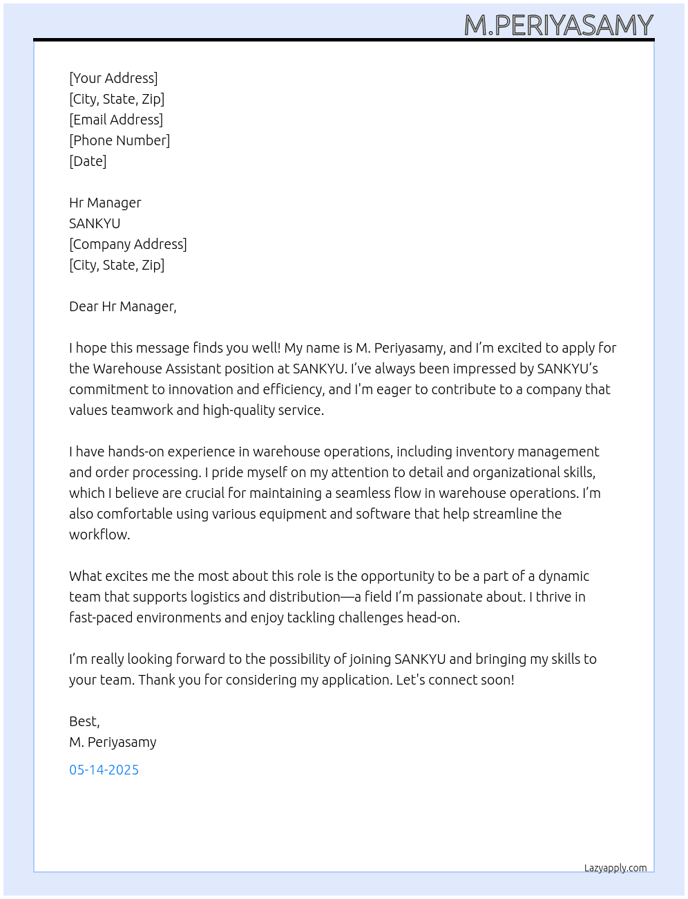 Warehouse assistant  At SANKYU Cover Letter