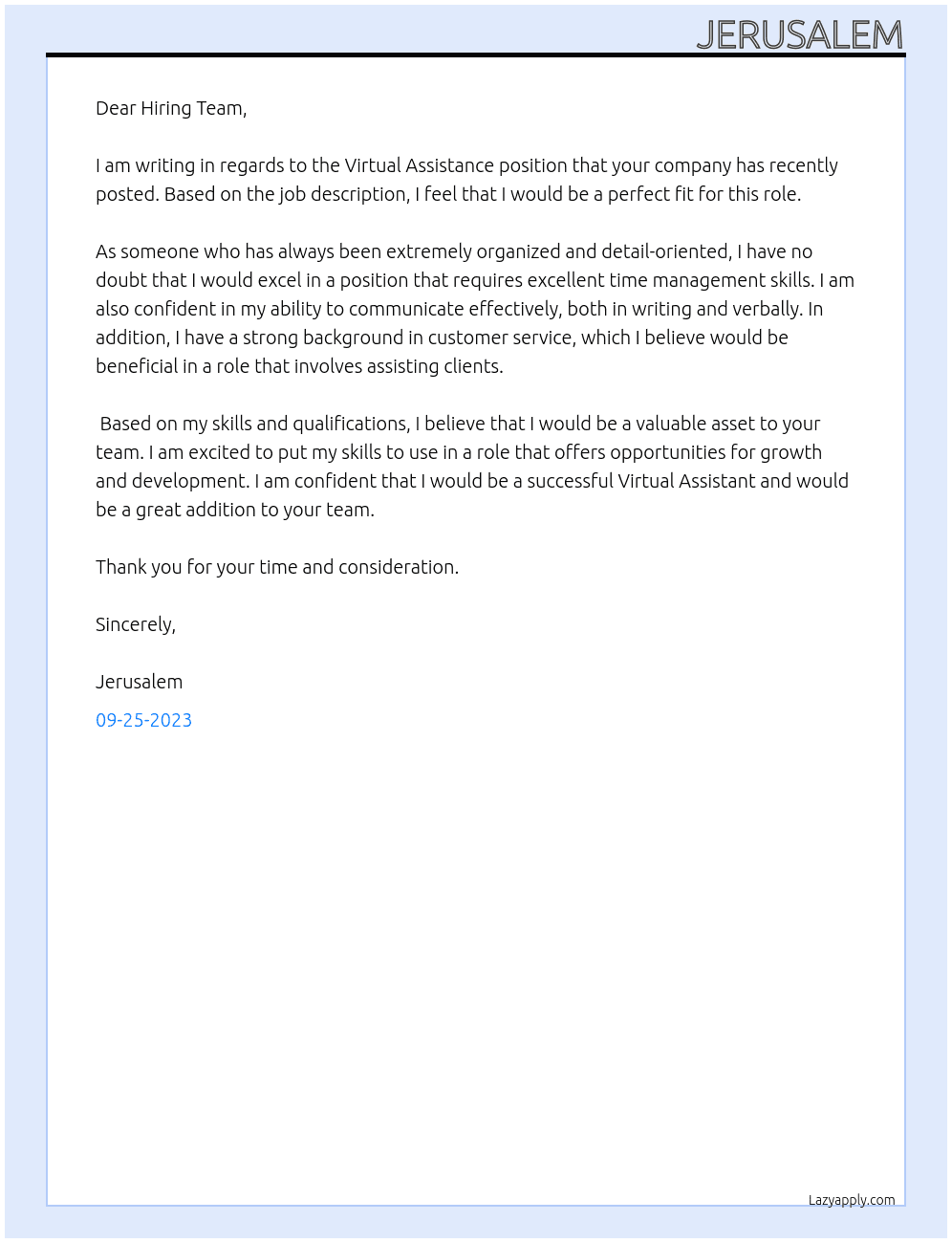 Virtual Assistance   At any Cover Letter