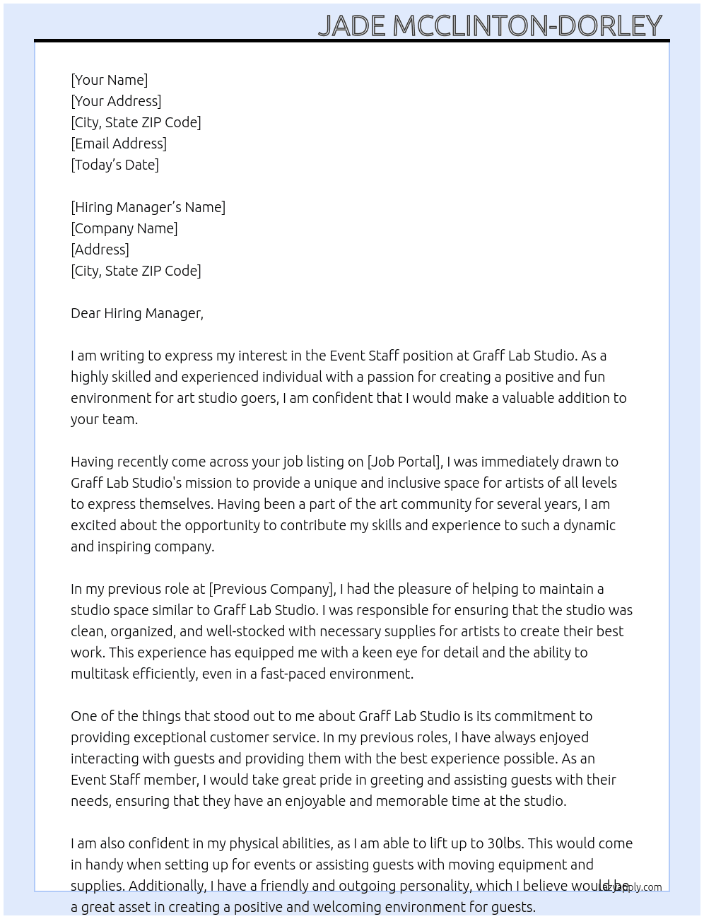 Event Staff At Graff Lab Studio  Cover Letter