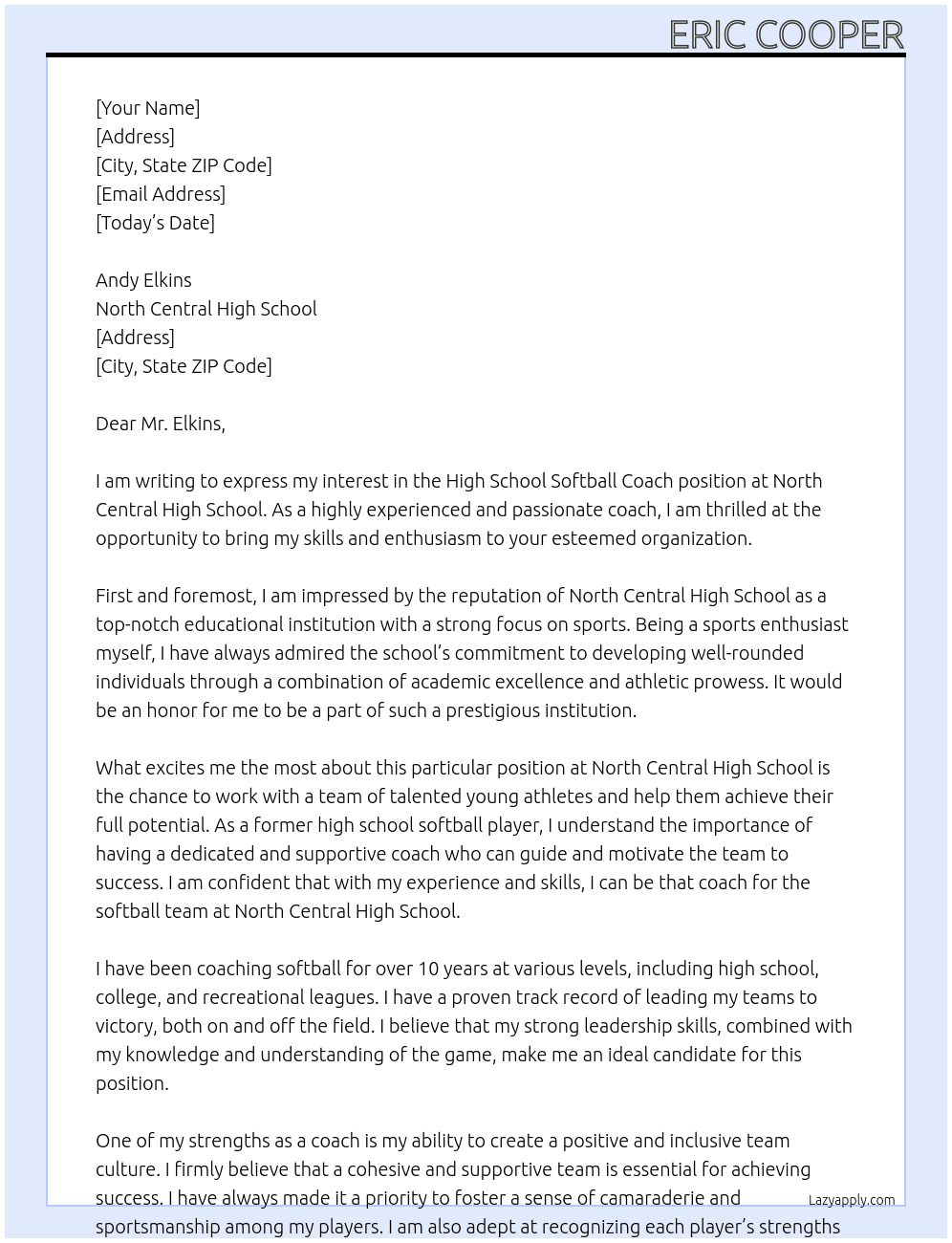High School Softball coach At North Central High School Cover Letter