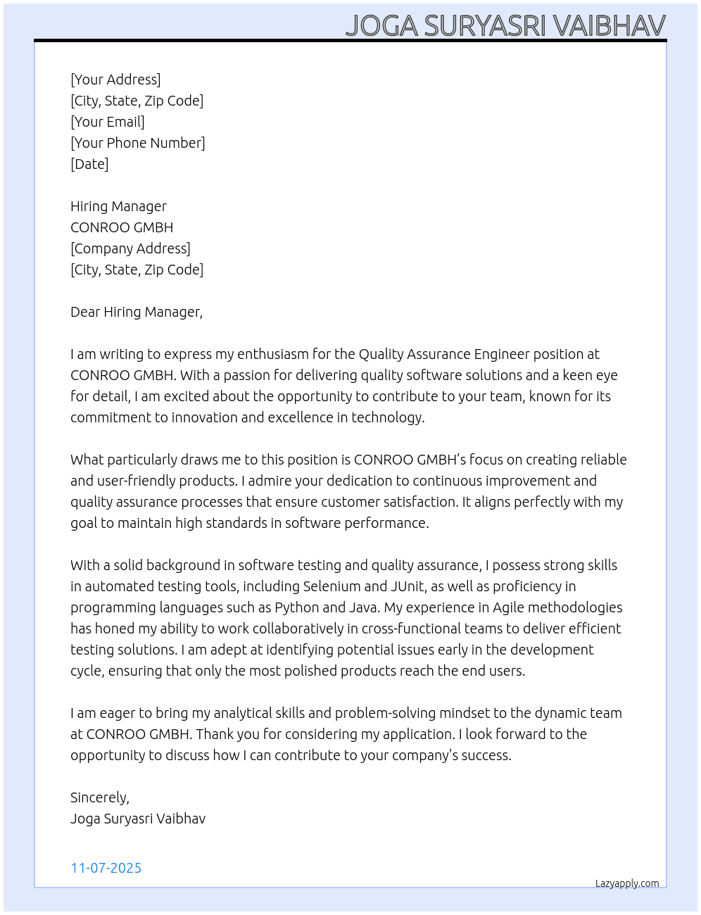 Quality Assurance Engineer At CONROO GMBH Cover Letter