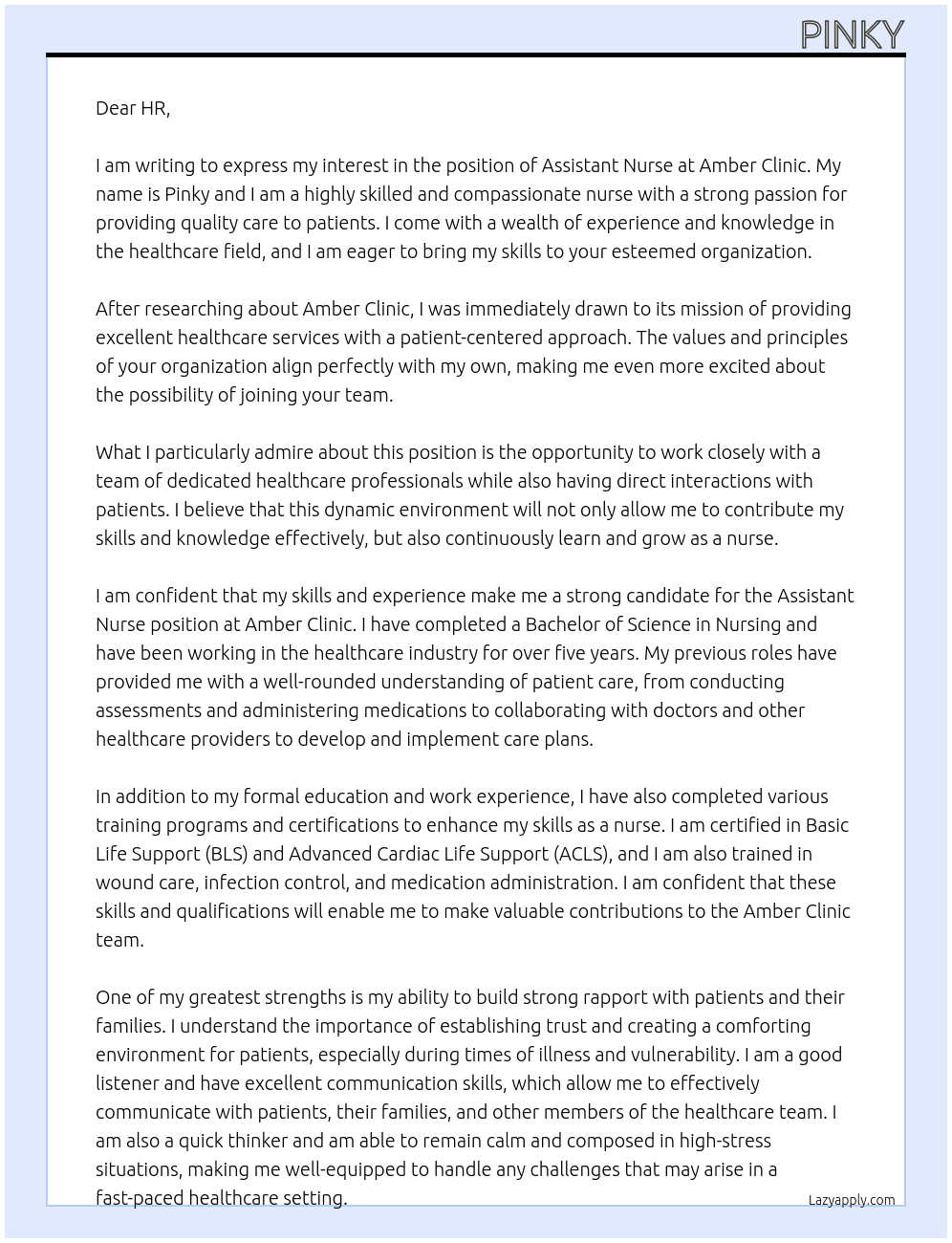 Assistant Nurse  At Amber Clinic Cover Letter