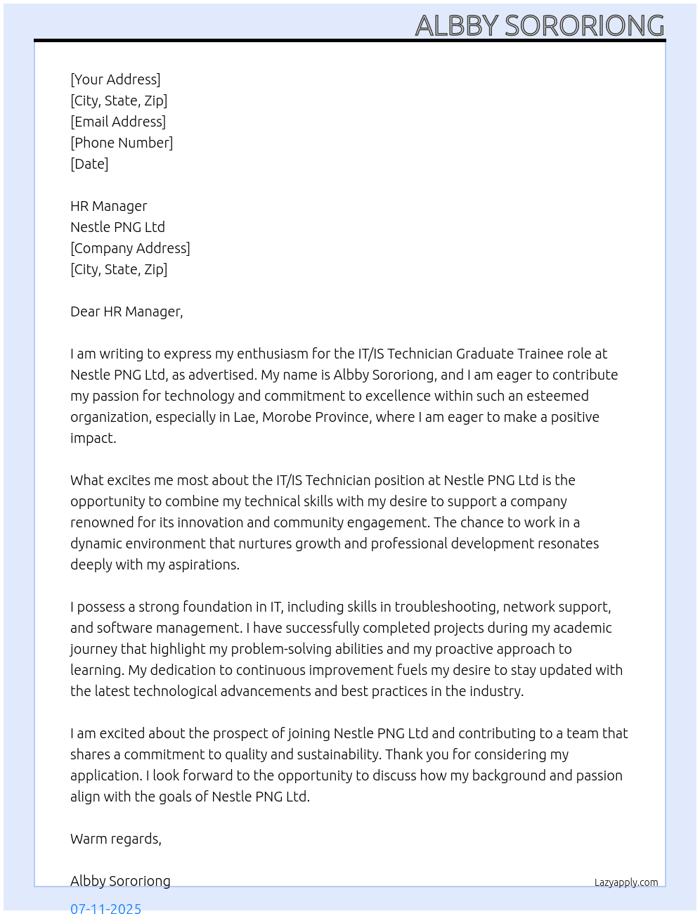 Cover letter for it/is technician - LazyApply