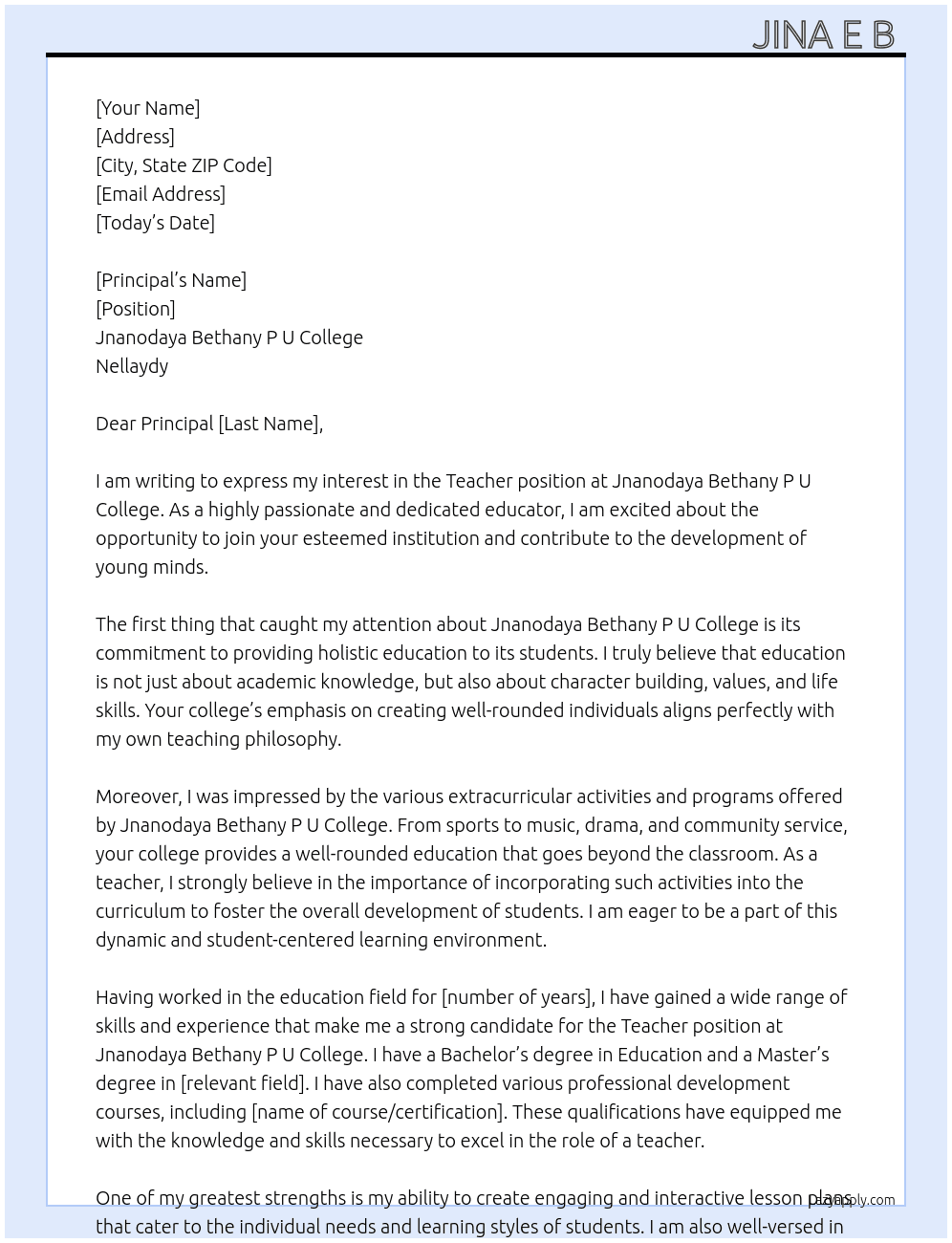 Teacher At Jnanodaya Bethany P U College, Nellaydy  Cover Letter